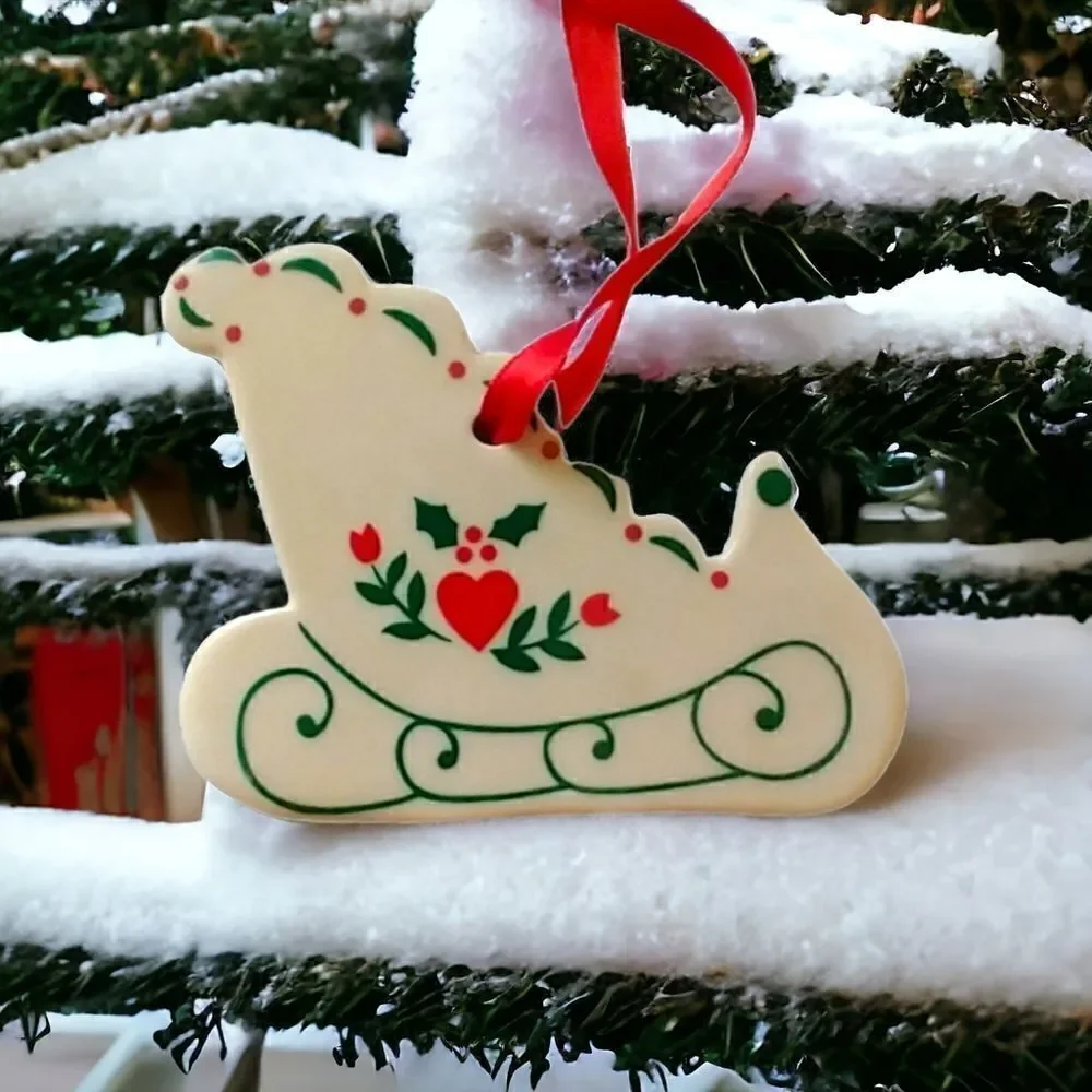 ‎Russ Berrie Sled Ornament Porcelain Christmas Holiday Farmhouse Country Retro